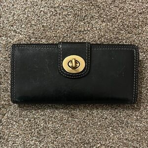 Vintage Coach Black Leather Wallet with Gold Accent